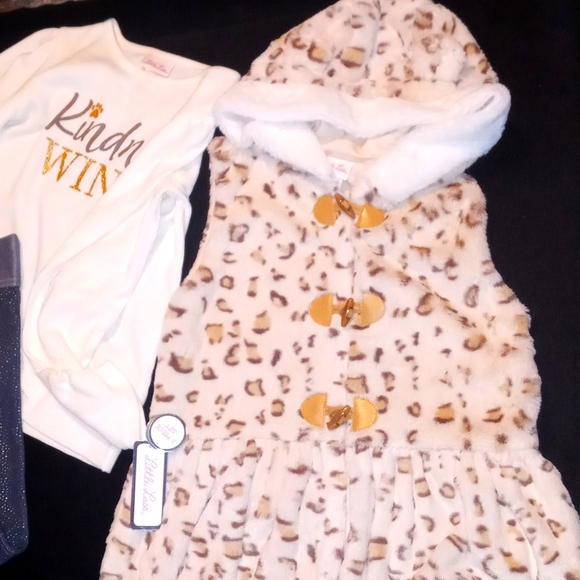 Little Lass Girl 3 piece Faux Fur Vest/Hooded L/Sleeve Tee Jeans Leggings 7/8 - Picture 7 of 8